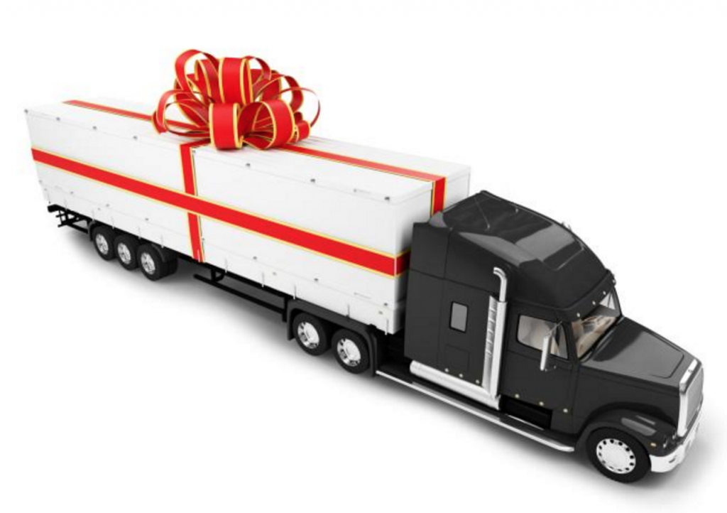 semi truck with present on trailer