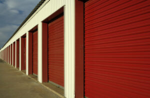 Red storage doors in a straight line